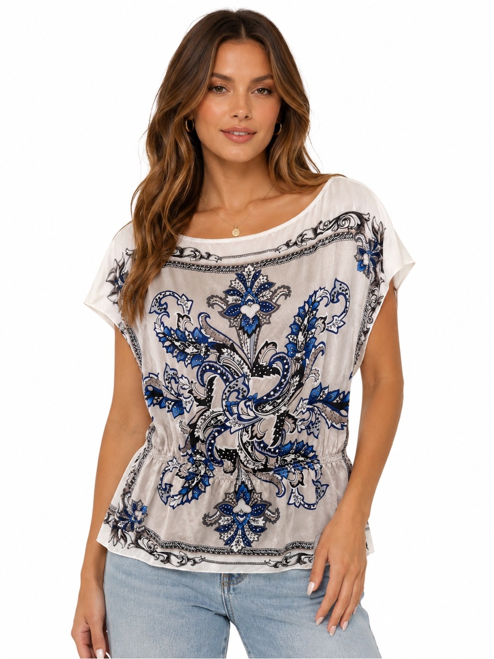 White House Black Market 100% Silk Blue Paisley Print Blouse Size S